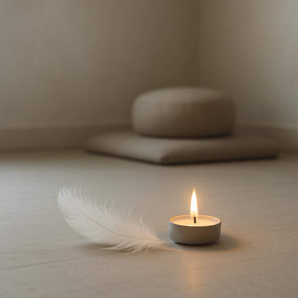A lit tea light candle and a white feather on a beige floor, with a circular, beige object in the background.